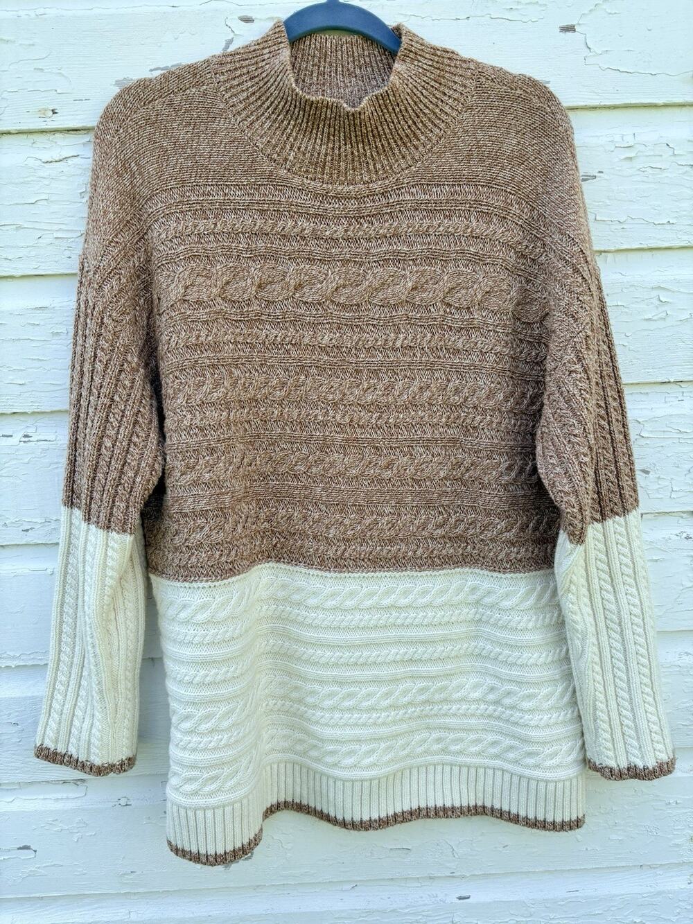 Talbots Sweater Cable Knit Mock Neck Cream Tan Heather XL Petite 100% Cotton